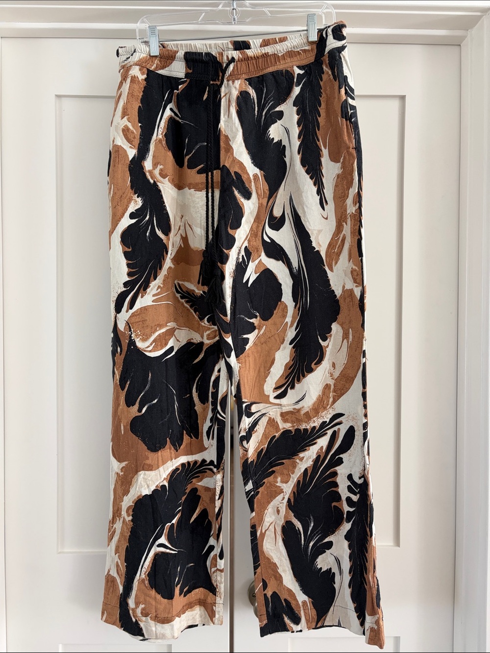 Joie Women’s Black, Brown & White Abstract Print Wide-Leg Linen Blend Pants, L